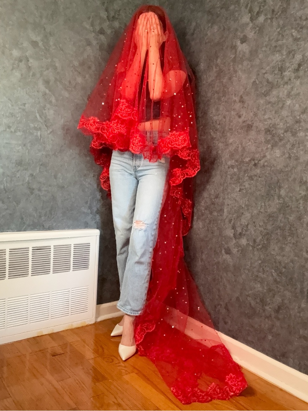 Red Lace Rhinestone Cathedral Veil – Mantilla Style